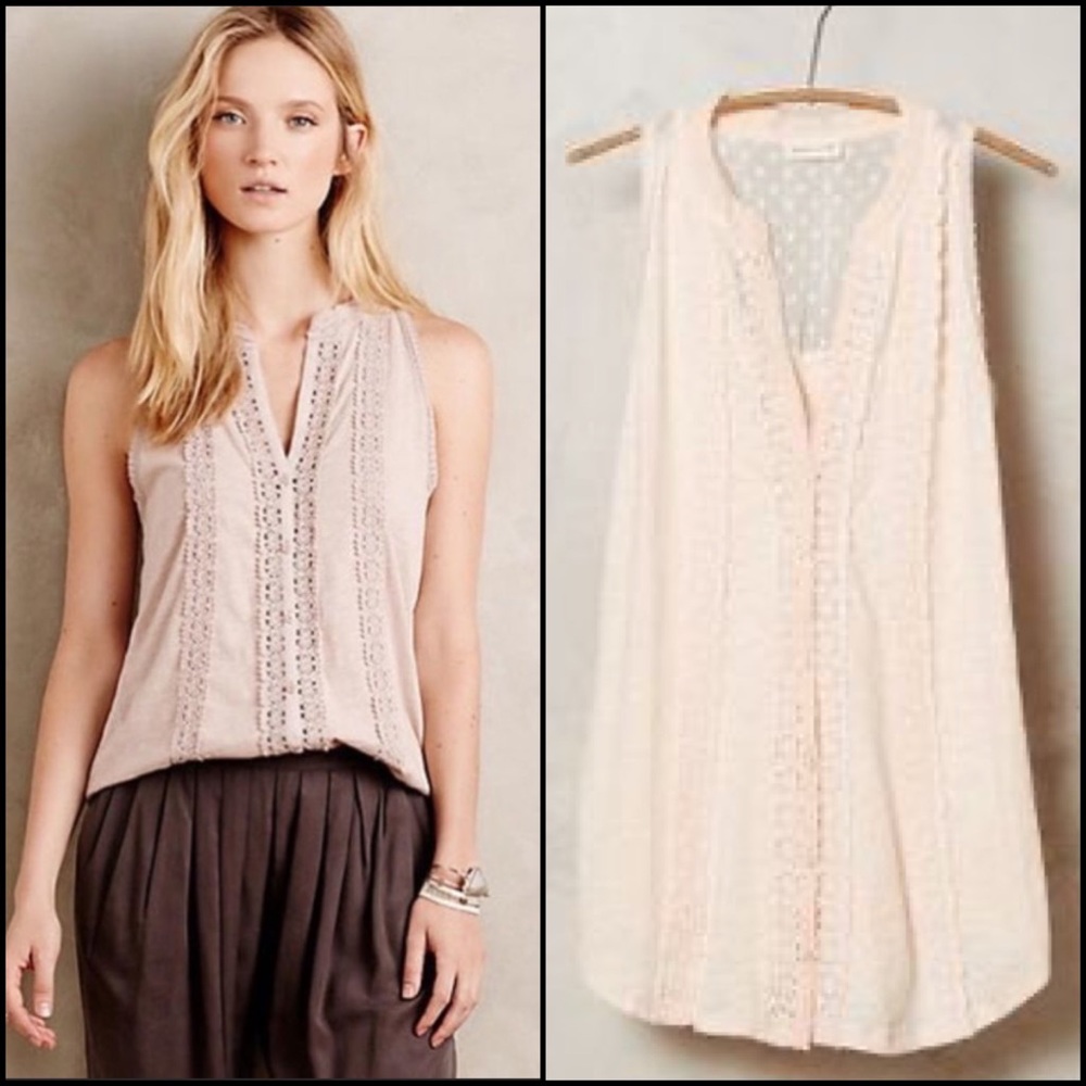 Anthro Pastel Pink Crochet Lace Swiss Dot Mesh Tank Top Blouse